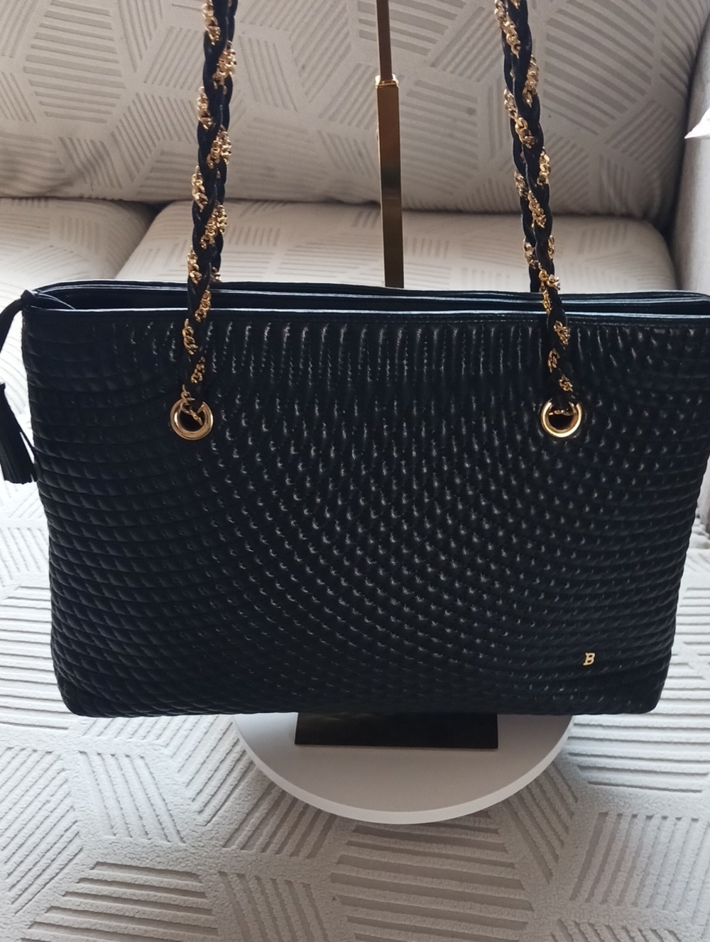 Bally Vintage Black Quilted Shoulder Tote with Gold-Accent Chain Straps